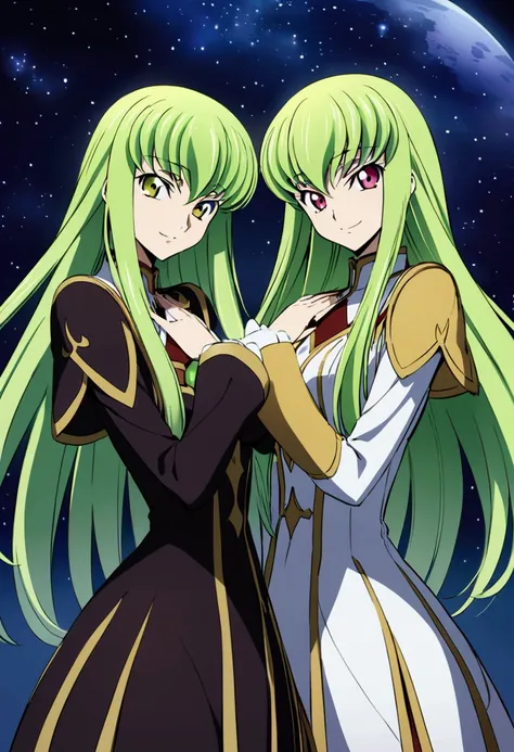 Three of her. Mirroring Clone C.C. Three of C.C. Anime girls code geass C.C. lamp clock. ,long light green hair,to become uniform unique umber color eyes, I smile, Simple background, Great job, precise, Anatomy is correct, Best quality,   Side view looking...