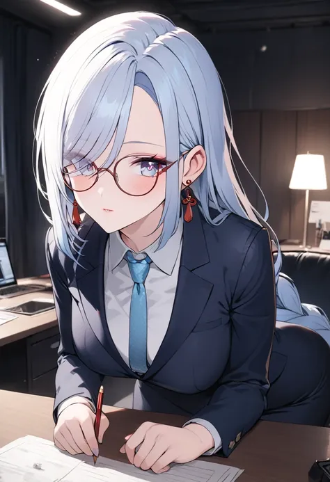 A woman in a business suit, pencil skirt, blazer, and dress shirt with tie, full body shot, elegant, professional, formal,studio lighting, high quality, photorealistic, detailed, intricate, sharp focus, cinematic, indoors, office setting, shenhe, blue eyes...