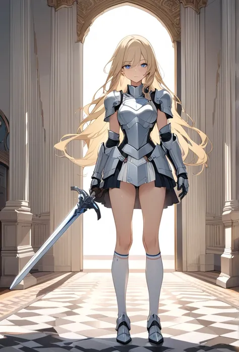 masterpiece, Best Quality, High resolution, Ultra-detailed, Anime Style,Fantasy,  whole body, Standing, One Girl, 1, Noble Face, Tall, 170 cm, Medium chest, Long straight blonde hair, break, Blue Eyes, White princess mini dress, White knee socks, White Lon...