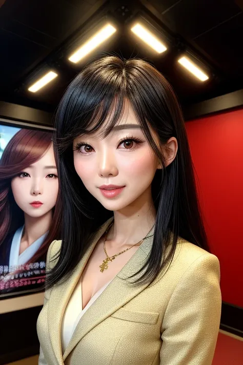 ((Best Quality)), ((masterpiece)), (detailed), Japanese women　Beauty　News anchor　Background is the studio　眼鏡Beauty　Black Hair　Longer Hair