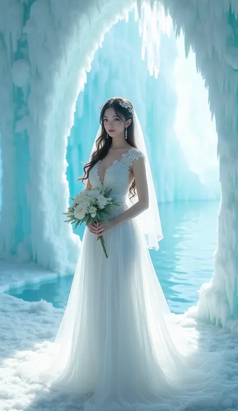 ice palace,pool,Ice crystal wedding hall,Image elimination,beauty,Chinese goddess,white bangs,Natural Curl, long hair, blue eyes, Lips slightly open, jewelry, Bailian wedding hair accessories, Big breasts,clothing design,White Lotus Design Wedding Dress,So...