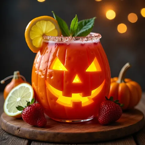 A fresh and delicious looking fruit punch served in a jack-o-lantern