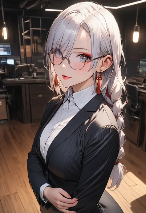 A woman in a business suit, pencil skirt, blazer, and dress shirt with tie, full body shot, elegant, professional, formal,studio lighting, high quality, photorealistic, detailed, intricate, sharp focus, cinematic, indoors, office setting, shenhe, blue eyes...