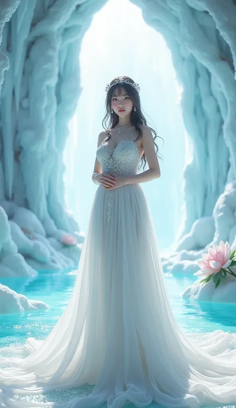 ice palace,pool,Ice crystal wedding hall,Image elimination,beauty,Chinese goddess,white bangs,Natural Curl, long hair, blue eyes, Lips slightly open, jewelry, Bailian wedding hair accessories, Big breasts,clothing design,White Lotus Design Wedding Dress,So...