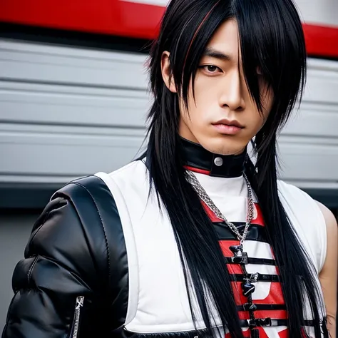 1 man, Japanese man, male, Asian eyes, muscular, broad shoulder, hairstyle Visual Kei style, hair Visual Kei, straight hair, black rocker clothes, ultra detailed face, hyperrealistic, realistic representation, long hair, long hair, 30 years old, age 30 yea...