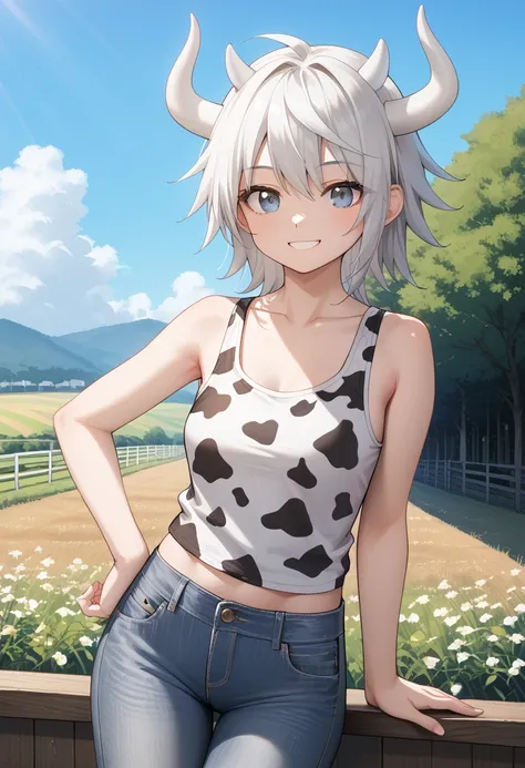 (source_anime:0.6), (score_9:0.3), (score_8_up:0.3), (score_7_up:0.3), 1girl, white horns, white spiked hair, grey eyes, smile, cow print tank top, jeans, meadow