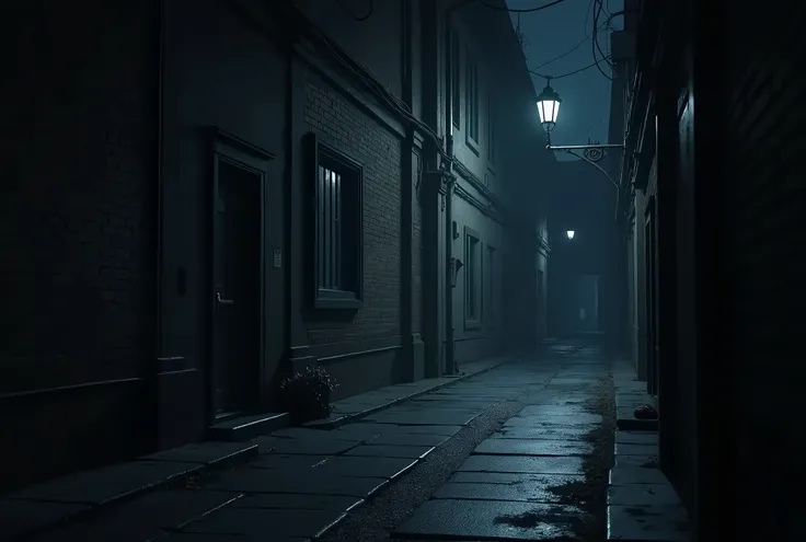 real photo, quiet night at city, POV, realism, ultra HD result, 4k, very detailed, midnight, no people, in front of a back door of a building at the side of a narrow alley