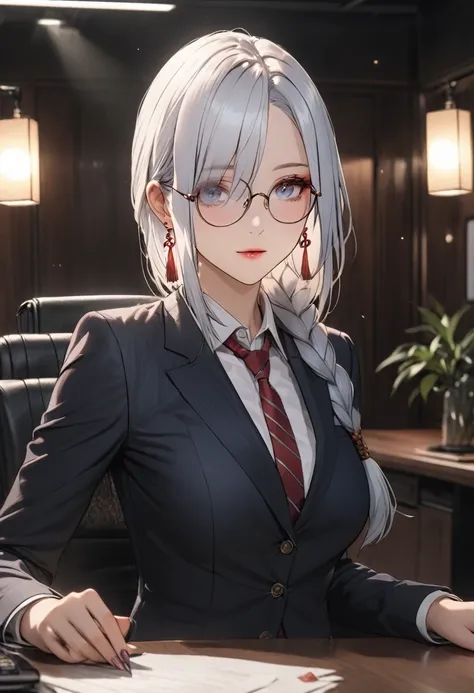 A woman in a business suit, pencil skirt, blazer, and dress shirt with tie, full body shot, elegant, professional, formal,studio lighting, high quality, photorealistic, detailed, intricate, sharp focus, cinematic, indoors, office setting, shenhe, blue eyes...