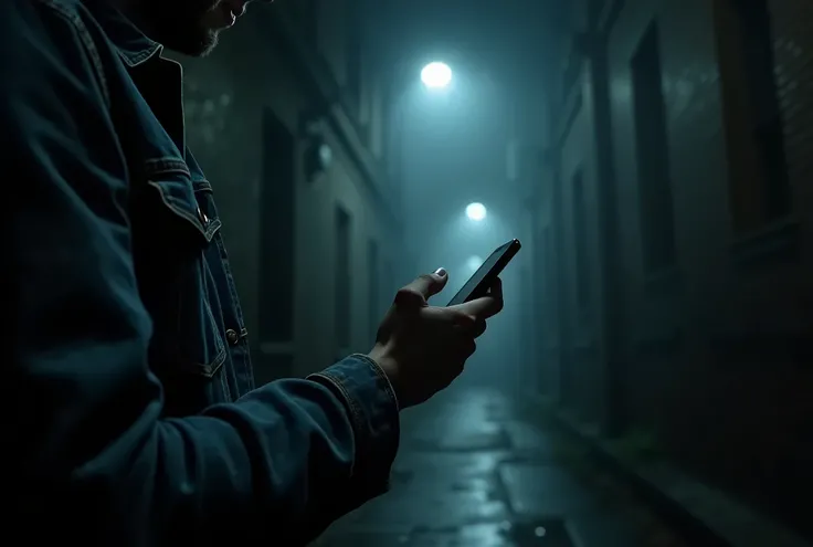 real photo, realism, ultra HD result, 4k, very detailed, night time, midnight, new york, no light, dark, a hand holding phone, wearing a denim jacket, on a dark narrow alley in front of a door, close up on phone, close up, no lighting, no lamp, horror, a c...