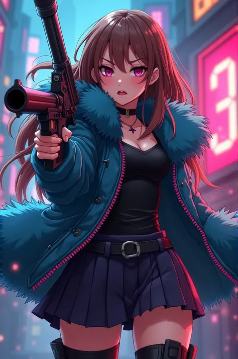 Von Disney Princess Anna, Brown hair, cool evil with shooting, fresh, evil blue fur, pink zipper in Infinity anime style