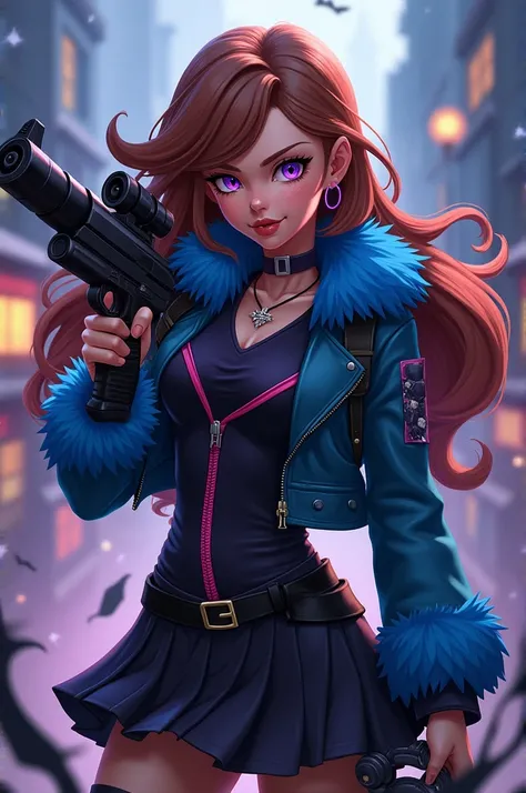 Von Disney Princess Anna, Brown hair, cool evil with shooting, fresh, evil blue fur, pink zipper in Infinity anime style