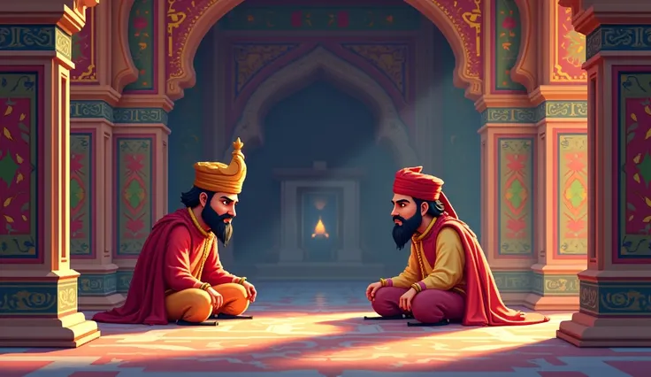 Describe the conversation between Akbar and Birbal that led to the challenge of spending a night in cold water. 3d Pixer style 