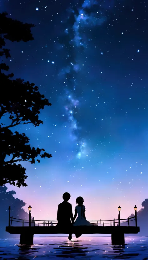 A couple sits on a dock by a serene lake, holding hands and gazing at the mesmerizing starry night sky. The soft glow from two lanterns illuminates their silhouettes, creating a romantic atmosphere. The silhouette of trees frames the scene, and the stars r...