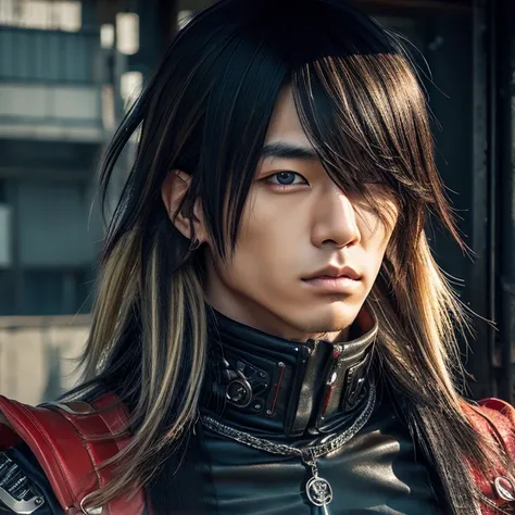 1 man, Japanese man, male, Asian eyes, muscular, broad shoulder, hairstyle Visual Kei style, hair Visual Kei, straight hair, black rocker clothes, ultra detailed face, hyperrealistic, realistic representation, long hair, long hair, 30 years old, age 30 yea...