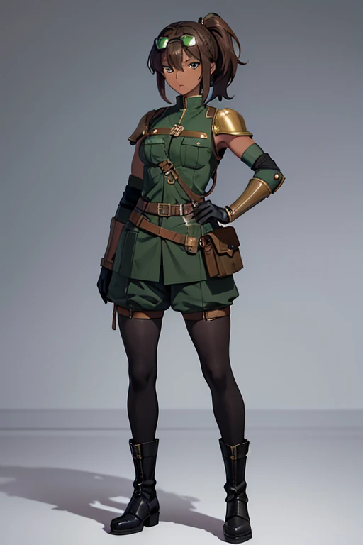 Anime Art、Full body portrait、Characters of the early modern period、Dark-skinned woman、Background blank、A tall female pilot with dark skin, standing upright, about 175 cm tall, about 3, wearing a dark green military uniform and dark green shorts、Wears large...