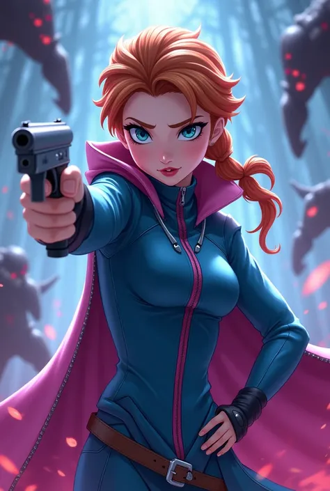 From Disney Princess Anna Blue Jacket Zip Pink With Gun Fight Evil Cool in Infinity Anime Style 