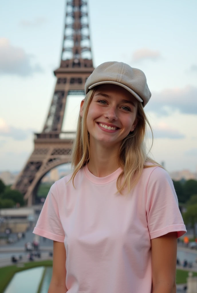 Girl with a Parisian cap and a plain light pink t-shirt with the Eiffel Tower in the background. Smiling. Medium shot photo.