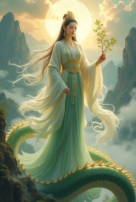 Masterpiece fullbody A beautiful goddess ,china,Guan Yin ,beauty , ,Highest image quality, Outstanding details, Best illustrations, Favor details, wear beauty white and green pink gold hunfu cloth,long hair,halo light around head, Delicate face,beauty face...