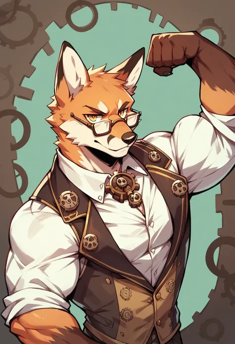 a muscular fox, steampunk, flexing biceps, with glasses, gears on his vest, white shirt