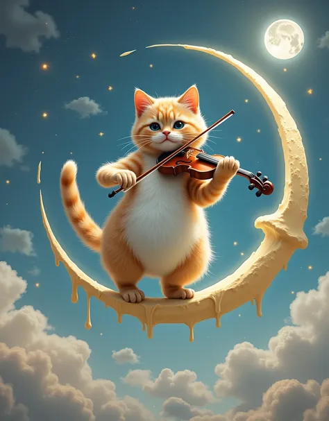 a cute fat cat dancing gracefully，playing the violin，balancing on a crescent moon in a surreal and dreamy sky。从 1912 年之前的surreal...