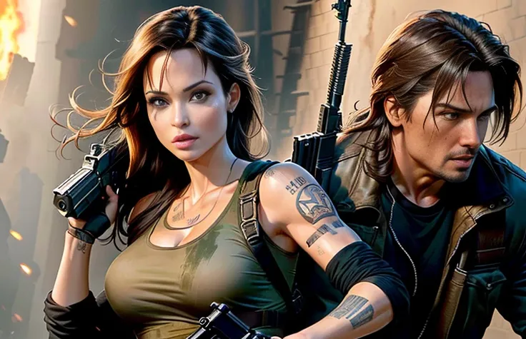 there is a woman, holding a gun, and a man, holding a gun, still from the film &quot;Tomb Raider&quot;, Angelina Jolie, action movie yet, Movies with guns, very beautiful Angelina Jolie, Angelina Jolie, action scene from a movie, animatronic Angelina Jolie...