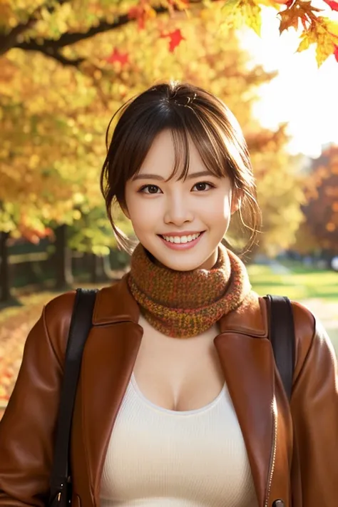 (masutepiece), (Best Quality), Realistic, Photorealism, 1girl, Beautiful woman, Perfect face, Perfect body、(Fashionable autumn clothes) 、Smile large breast, realistic skin textures、high-level image quality、hight resolution、realistic、