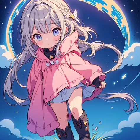 starの妖精、Full body Front portrait、Front、One girl,Best Quality、masterpiece、Official Art、Super detailed、Very beautiful、Cute starの妖精、Gray Hair、Straight long hair、milky way、universe、star charm、star、baby face、Knee-high boots、Giant stuffed teddy bear