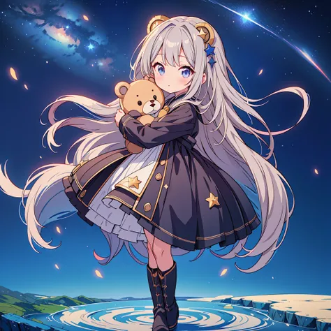 starの妖精、Full body Front portrait、Front、One girl,Best Quality、masterpiece、Official Art、Super detailed、Very beautiful、Cute starの妖精、Gray Hair、Straight long hair、milky way、universe、star charm、star、baby face、Knee-high boots、Giant stuffed teddy bear