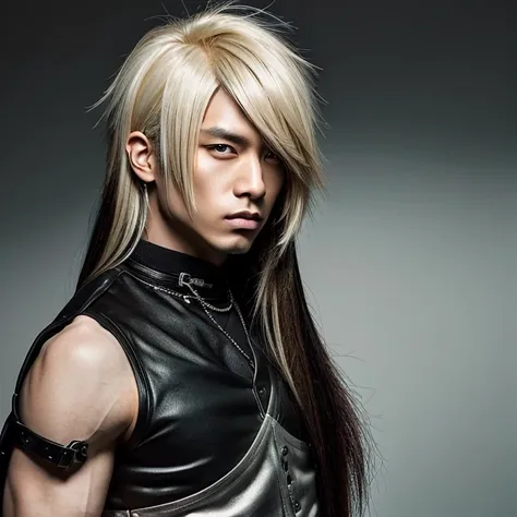 1 man, japanese man, male, asian eyes, muscular, broad shoulder, hairstyle visual kei style, hair visual kei, straight hair, bla...