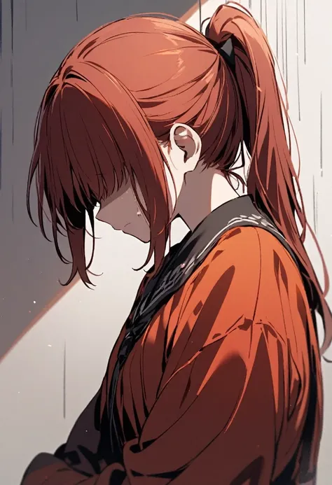 rating_safe,1girl,deep orangered ponytail hair,hidden eyes,shaded face,covered eyes,head down,small breasts,crying,tears,from side 