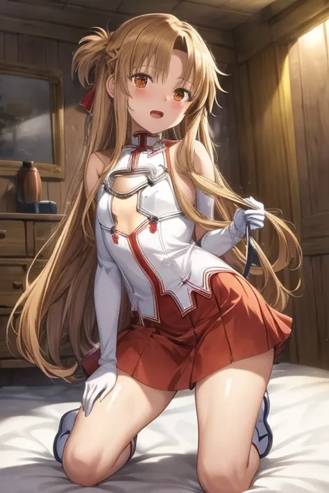 ((Best Quality)), ((masterpiece)), (be familiar with), Perfect Face, indoor, bedroom, Watching the audience,
One woman, Yuuki Asuna,
Open Mouth, Ecstatic expression, blush, smile,
Small breasts, Flat Chest, , , child, Girl,
Long Hair, Long Hair,
Leg spread...