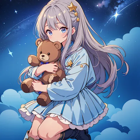 starの妖精、Full body Front portrait、Front、One girl,Best Quality、masterpiece、Official Art、Super detailed、Very beautiful、Cute starの妖精、Gray Hair、Straight long hair、milky way、universe、star charm、star、baby face、Knee-high boots、Giant stuffed teddy bear