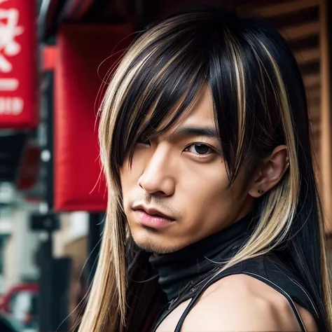 1 man, Japanese man, male, Asian eyes, muscular, broad shoulder, hairstyle Visual Kei style, hair Visual Kei, straight hair, black rocker clothes, ultra detailed face, hyperrealistic, realistic representation, long hair, long hair, 30 years old, age 30 yea...