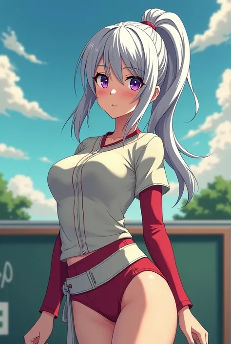 HD、Animation style、white hair 、Purple Eyes、girl、plump breasts 、High school student 、single ponytail、Baseball player、Light color short sleeve top、Long sleeve red underwear、Good shape、Thin、sash、Sky、cloud、sunny、Navel exposed、dazzler、Breasts exposed、ninja suit...