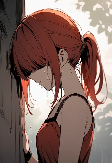 rating_safe,1girl,deep orangered ponytail hair,hidden eyes,shaded face,covered eyes,head down,small breasts,crying,tears,from side 