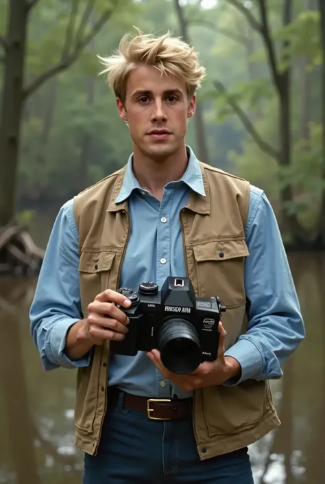 Freddie Prinze Jr as Fred Jones from the "Scooby-Doo" (2002) movie, wearing a light blue shirt and a bege photographer vest on top, dark blue pants, holding a 80s video camera, strong white man, blonde hair, pretty man, cinematic, very cinematic, swamp isl...