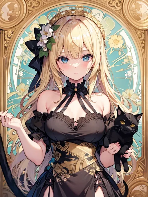 Blonde girl in a black dress，Holding a tsundere black cat，Floral frame，Decorative panel，Abstract art，Alphonse Mucha&#39;s（masterpiece，Best Quality，High resolution：1.4），Detailed，Intricate details，4K，Colorful splatters，Line art，Fibonacci，