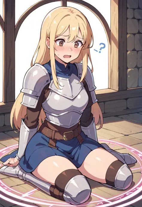 masterpiece, best quality, expressive eyes, perfect face, a knight, confused, blushed, blonde hair, long hair, medieval knight a...