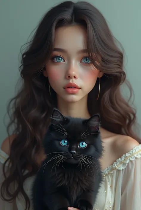 Fluffy black kitten、A brunette goddess with blue eyes　Facing forward