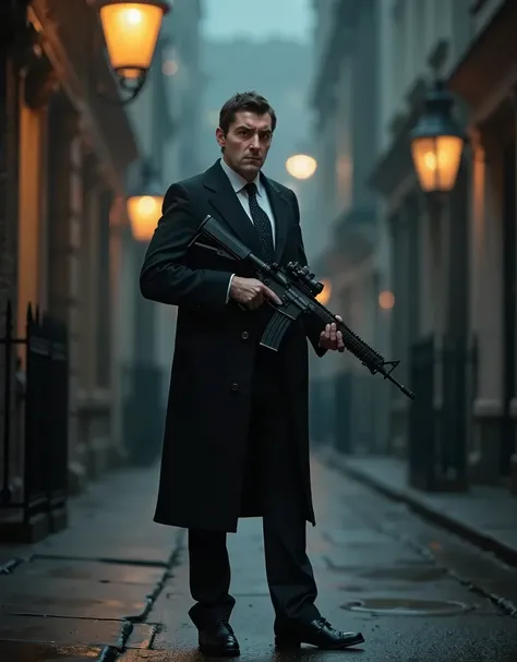 masterpiece, best quality, high res, 8k, 1man, middle-aged, blurry, blurry background, British, black hair, short hair, dark brown eyes, (black coat, suit and tie, black dress shoes), formal, (using AR-15 rifle), lens flare, male focus, black necktie, solo...