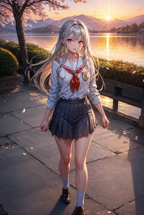 undefined, undefined, undefined, undefined, undefined, Beautiful young woman, long silver hair, brtillante, brown eyes, rosy cheeks, red lips, well proportioned body, school uniform, holding hands, with a young man, attractive, I bet, strong, Short hair, g...