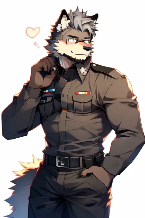 a top body picture and right side picture of a very muscular furry style gray wolf. he is wearing a brown police outfit uniform....