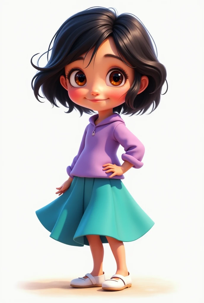  a  girl with short black hair, light skin and brown eyes, a lilac shirt and a turquoise skirt, white shoes, Disney Pixar