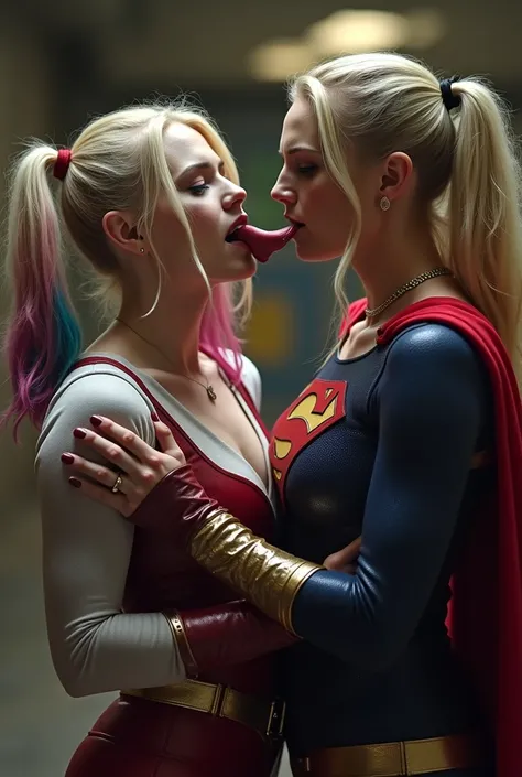 When Harley Quinn begins choking, Supergirl heroically plunges her tongue deep into Harleys throat to clear the blockage while performing chest compressions on her breasts 