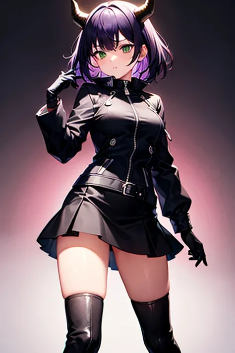 1 girl, black jacket, Black gloves, short black skirt, black boots, purple hair, background music horns, green eyes 