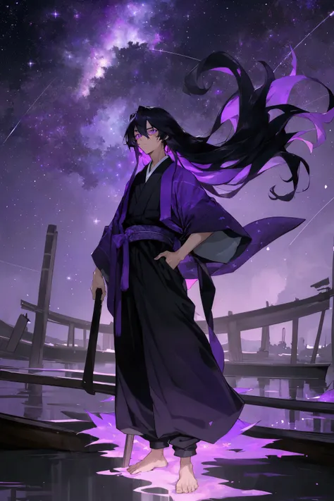 (beautiful;, 4k Ultra HD) 1male, black hair, purple highlighted hair, neutral expression, purple robes, black athletic shirt, baggy black pants, purple star eyes, perfect eyes, starry night background, longhair, japanese clothes, accessories, shaggy hair, ...