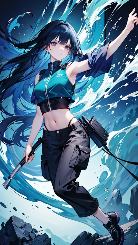 Award-winning Samdo art style、Wearing a crop top and cargo pants、Dark blue teal hair style with head movement、Half-body portrait of a beautiful woman with flowing hair。, Paint splashes, Splash, Overtake, Vaporware, Flat illustration with shadow, Digital Ar...