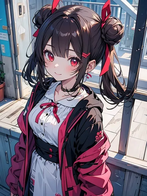 One girl, masterpiece, Very detailed, Double bun hairstyle, bangs, Brown Hair, chest, Red eyes, smile, ribbon, anime, 