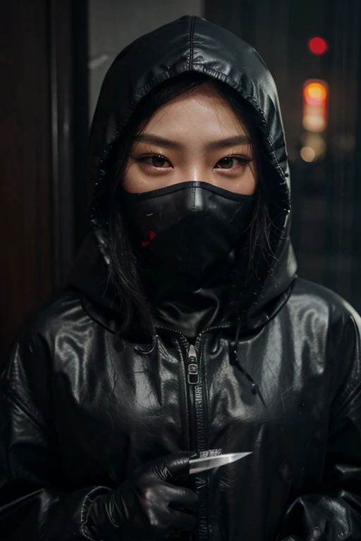 korean girl, (behind stiff, black balaclava mask), holding knife, stabbing, black leather gloves, hotel room, transparent raincoat, hood up, holding knife, leather gloves, behind cadaver, looking at viewer, blood splatter, night, mass murderer, killer, blo...