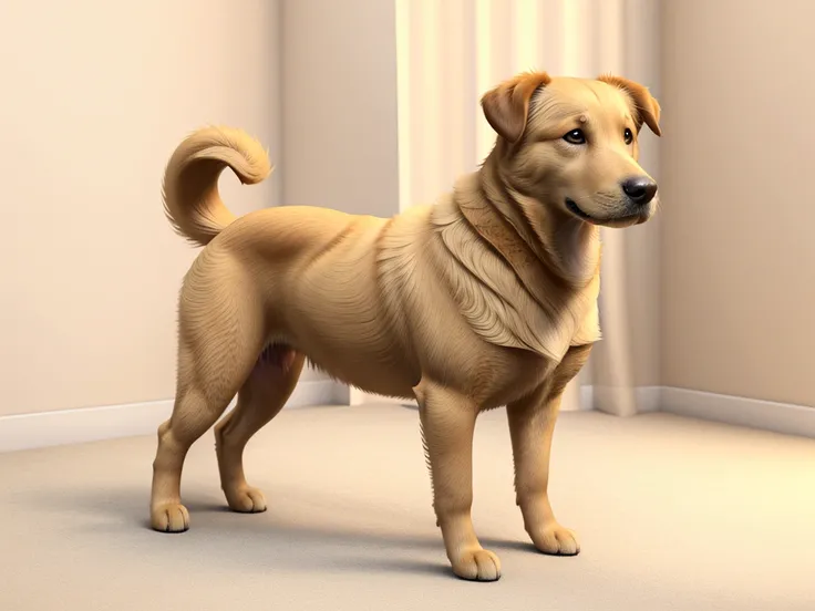 Picture in 3D. Dog breed Retriever. His coat was predominantly golden in colour with light tan markings on his thighs., lives, buttocks and the inside of the tail. Thick undercoat. The wool was soft, not too thick, in places curly. The tail was slightly cu...